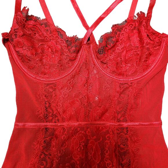 Pretty Little Thing womens S Red bodysuit lace lingerie strappy one piece - Picture 4 of 7